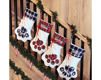 Personalized Plaid Pet Paw Christmas Stocking - Dog