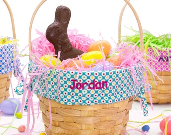 Personalized Classic Wicker Woodchip Easter Basket with Colorful Dots Liner - Teal