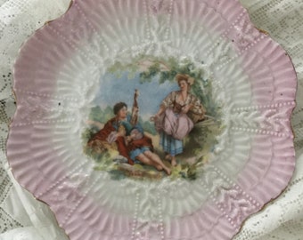 Antique SHABBY PINK LUSTREWARE Romantic French Country Courting Couple Fragonard Cabinet Plate