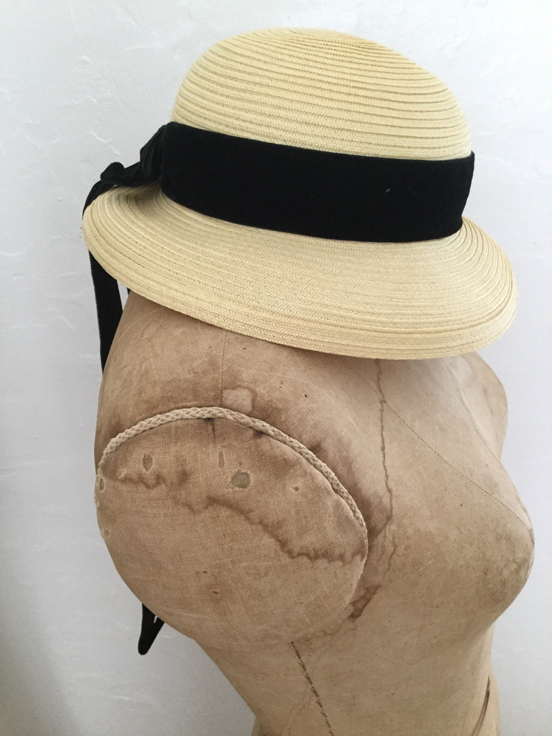 Vintage 40s HANDMADE STRAW HAT Ribbon Adorned Bonnet Union Made 