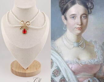 Pearl and Rhinestone Necklace - Red