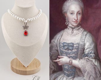 Pearl and Rhinestone Necklace - Red