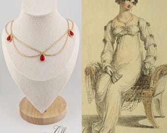 Necklace - Chain, Rhinestones and Pearls - Red