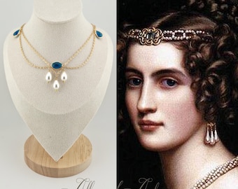 Necklace - Chain, Rhinestones and Pearls - Blue