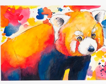Red Panda Watercolour Art Print, Red Panda, Panda Art, Mixed Media, Home Decor, Home Furnishings, Animal Art, Colourful, Animal Gifts