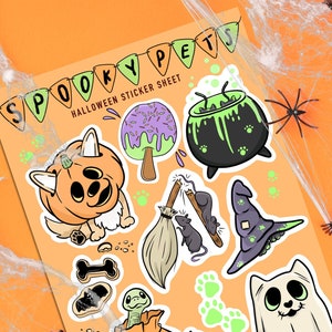 Halloween Sticker Sheet | SPOOKY PETS | Pumpkin, Halloween Decor, Cute Stickers, Cute Halloween, Trick or Treat, Ghost, Witch, Black Cat