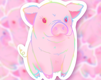 May include: A pink pig sticker with a white border and a rainbow iridescent finish. The pig is sitting with its legs tucked under its body and has a small tail.
