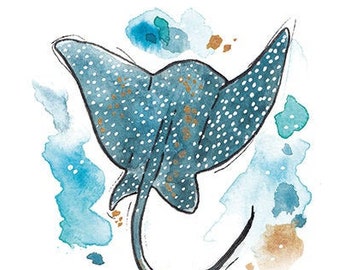 Manta Ray Art Print | Wall Art, Ocean Art, Sea Life, Watercolour, Nursery Decor, Home Decor, Home Furnishings, Gift Ideas, Stingray, Manta