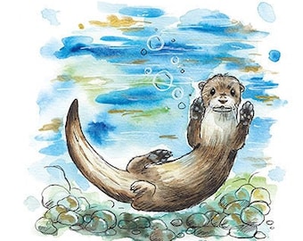 Otter Art Print | Swimming, Wall Art, Watercolour, Nursery Decor, Home Decor, Home Furnishings, Gift Ideas, Cute Otter, British Wildlife