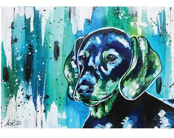 Dachshund Art Print, Dog Painting, Mixed Media, Blue and Green, Home Decor, Home Furnishings, Animal Art, Colourful, Dog, Christmas Gift
