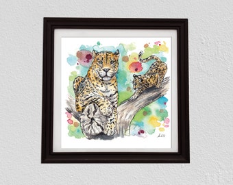 Jaguar Mother and Cub Art Print | Big Cats, Wall Art, Watercolour, Nursery Decor, Home Decor, Home Furnishings, Gift Ideas, Colourful Art