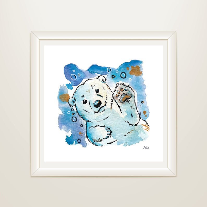 May include: Watercolor art print of a polar bear waving, set against a blue and gold background. The bear is light blue with black outlines, and the artwork is framed in a white square frame. The style is whimsical and illustrative.