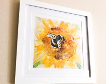 Bumblebee Art Print | Gold, Embellished Prints, Sunflower, Yellow, Bee Gift, Bee Painting, Bumble bee, Animal Artwork, Watercolour,