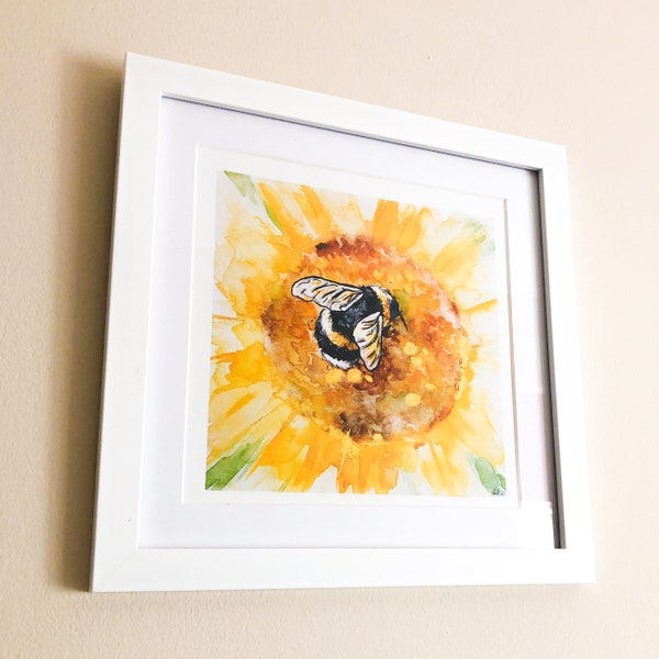 Bumblebee Art Print | Gold, Embellished Prints, Sunflower, Yellow, Bee Gift, Bee Painting, Bumble bee, Animal Artwork, Watercolour,