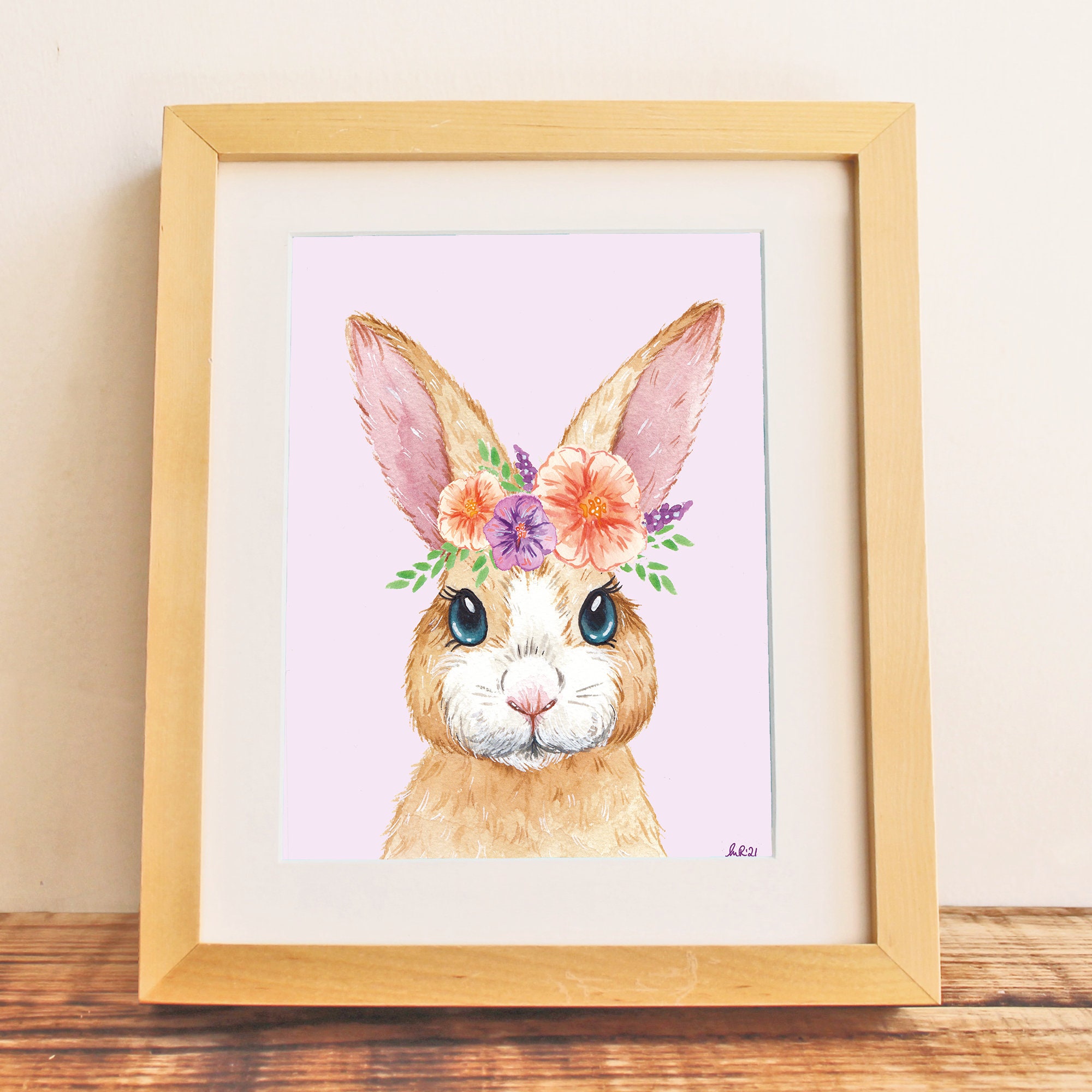 Bunny Rabbit Flower Crown Art Print Cute Animals Purple Floral Wall Art Nursery Decor Home Decor Animal Art Baby Animals Easter