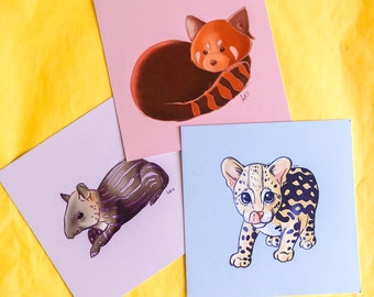 Baby Animals Mini Print Set | Cute Animals, Home, Wall Art, Nursery Decor, Kids Room, Animal Art, Red Panda, Tapir, Cub, Animal Poster, Gift