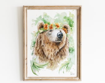 Bear Flower Crown Watercolour Art Print | ELINOR | Floral, Grizzy Bear, Animal Art, Brown Bear, Nursery Wall Art, Forest, Painting, Green