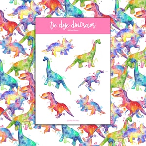 Dinosaurus Tie Dye Regenboog Sticker Vel | Aquarel, Dino, T-Rex, Raptor, Triceratops, Sticker Pack, Briefpapier, Stickers, Laptopstickers
