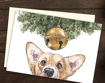 Corgi Christmas Card | xmas dog, pet portrait, christmas tree, greetings card, watercolour