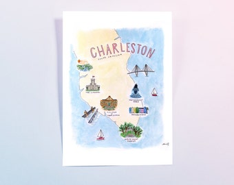 Charleston, South Carolina - Illustrated Watercolor Map Print (Downtown) - 9x12"