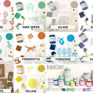 May include: A collection of 10 paint colors with corresponding stamps and stencils. The colors are rose, sage green, teal, terracotta, turquoise, violet, white, yellow, silver, and slate. The paint is in small jars and bottles. The stamps and stencils are on white paper. The word "BLOCKCRAFT" is printed on the bottles and jars.