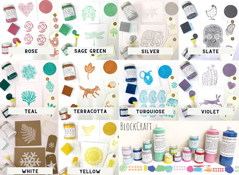 May include: A collection of 10 paint colors with corresponding stamps and stencils. The colors are rose, sage green, teal, terracotta, turquoise, violet, white, yellow, silver, and slate. The paint is in small jars and bottles. The stamps and stencils are on white paper. The word "BLOCKCRAFT" is printed on the bottles and jars.