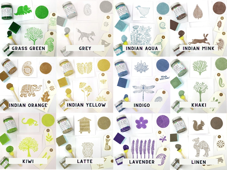 May include: A collection of 12 paint colors in small glass jars with labels. The colors are: Grass Green, Grey, Indian Aqua, Indian Mink, Indian Orange, Indian Yellow, Indigo, Khaki, Kiwi, Latte, Lavender, and Linen. Each color is displayed with a small sample of the paint on a card with a design.