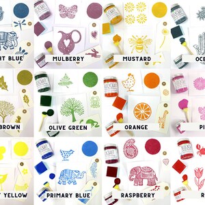 May include: Assortment of 12 acrylic paint colors in small jars with a variety of stamped designs on paper. The colors include midnight blue, mulberry, mustard, ocean, olive brown, olive green, orange, pink, primary yellow, primary blue, raspberry, and red.