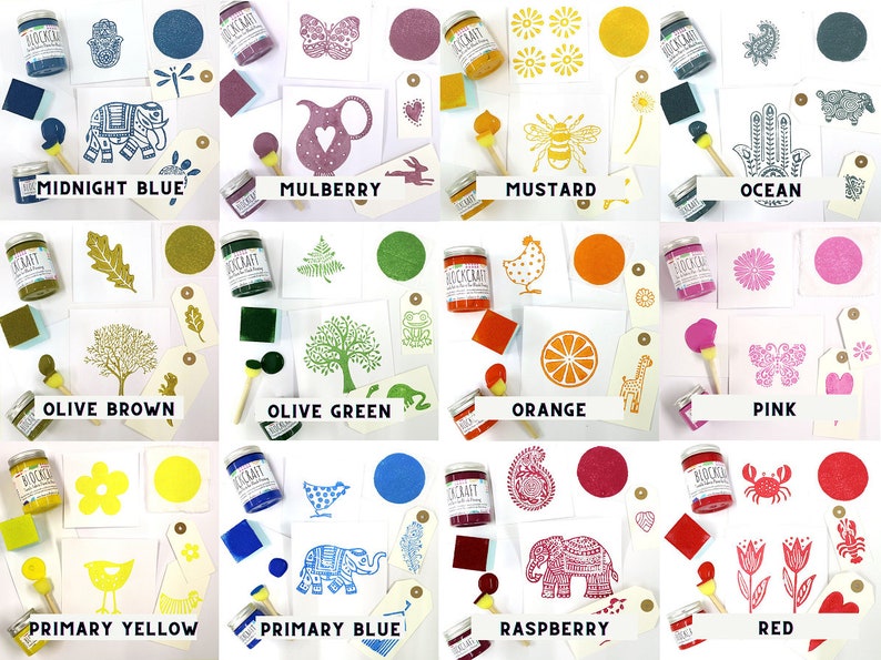 May include: Assortment of 12 acrylic paint colors in small jars with a variety of stamped designs on paper. The colors include midnight blue, mulberry, mustard, ocean, olive brown, olive green, orange, pink, primary yellow, primary blue, raspberry, and red.