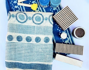 Block Printing Organic Scarf Kit- Blues