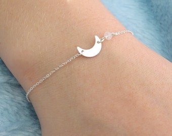 Moon stone and tiny Sterling Silver Moon bracelet, Crescent bracelet, Gemstone Bracelet, Natural Birthstone, June Birthstone, Moon Bracelet