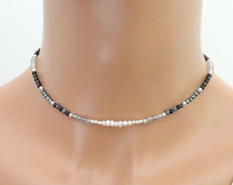 Genuine Beaded Crystal Choker Necklace with Freshwater Pearl, Hematite, Labradorite, Black Tourmaline, Snowflake Obsidian