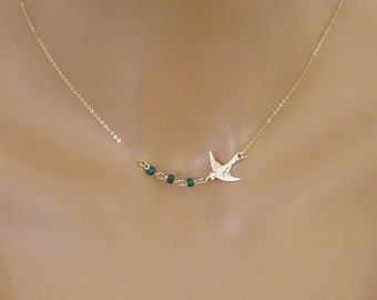 Personalized Bird Necklace with Your Birthstone,  Bridesmaid Gift,  Birthday Gift for Mom, Mothers Day