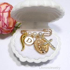 Catholic Baby Keepsake Protection Pin, Baptism Gift, Custom Girl Christening, Gold Virgin Mary Charm, Personalised Newborn Baby Boy Brooch