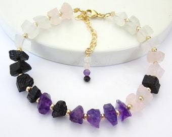 Crystal Harmony Empath Bracelet, Black Tourmaline, Amethyst, Rose Quartz, Moonstone - Sterling Silver, Gold Filled -  Gemstone Jewelry Women