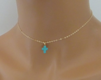 Turquoise Cross Necklace, Thin Chain Choker Necklace, Gift for Her