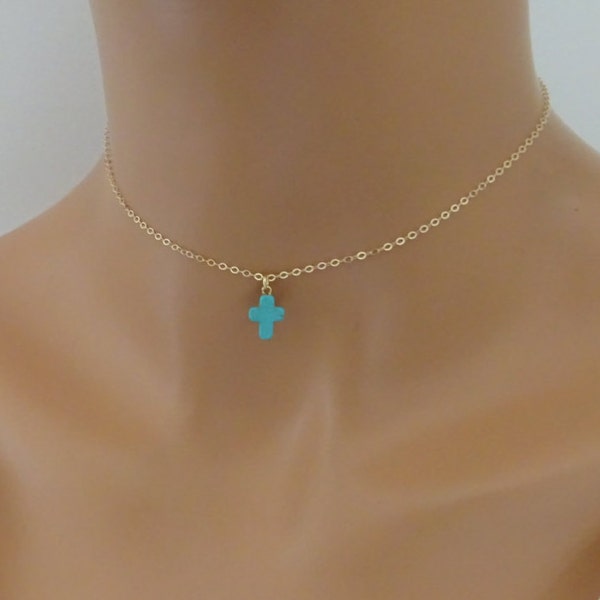 Turquoise Cross Necklace, Thin Chain Choker Necklace, Gift for Her