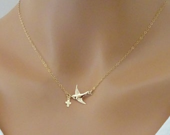 Bird Charm Necklace, Tiny Cross and Bird Necklace, Religius Gift For Women