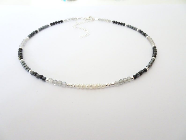 Genuine Beaded Crystal Choker Necklace with Freshwater Pearl, Hematite, Labradorite, Black Tourmaline, Snowflake Obsidian image 5