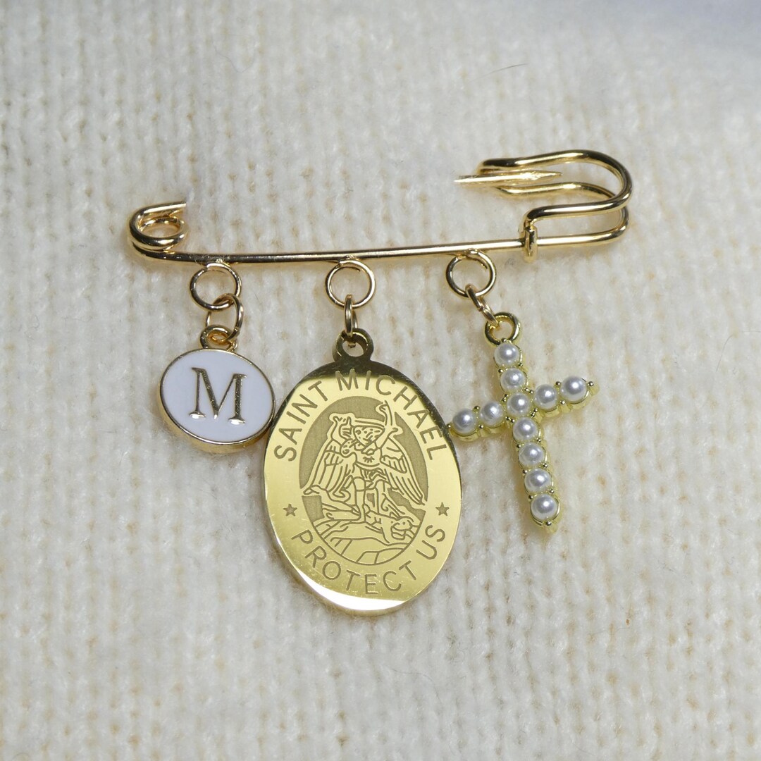 St Michael Baptism Pin: Gold Cross Charm, Baby Christening Gift - Etsy