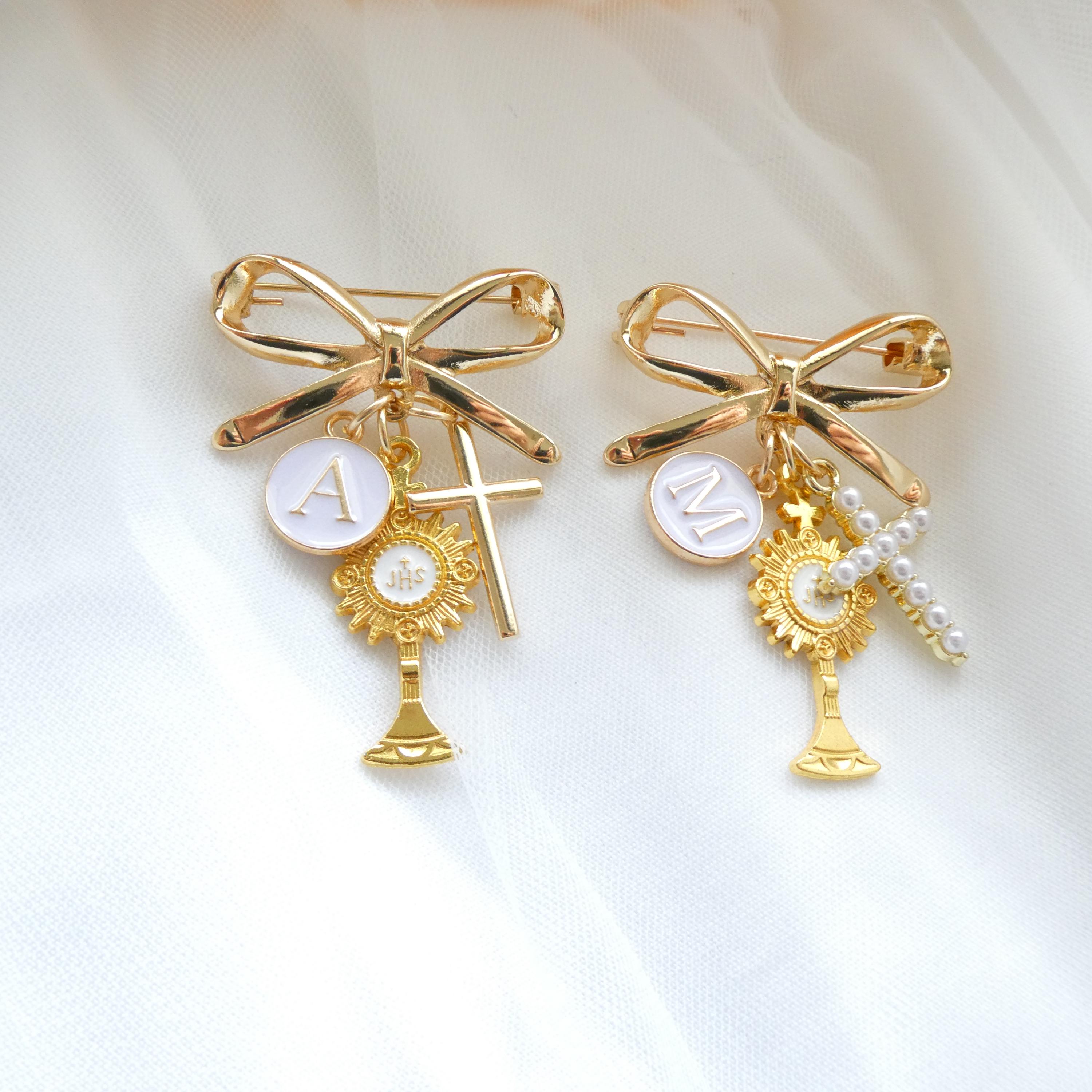 First Communion Brooch Personalized First Communion Brooch – Gold Monstrance Charm, Bow, Cross ...