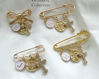 Orthodox Baptism Pin, IC XC NIKA Cross, Personalized Initial, Stroller Protection Gift