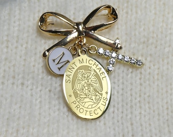 Saint Michael Baby Pin: Catholic Baptism Gift, Custom Initial