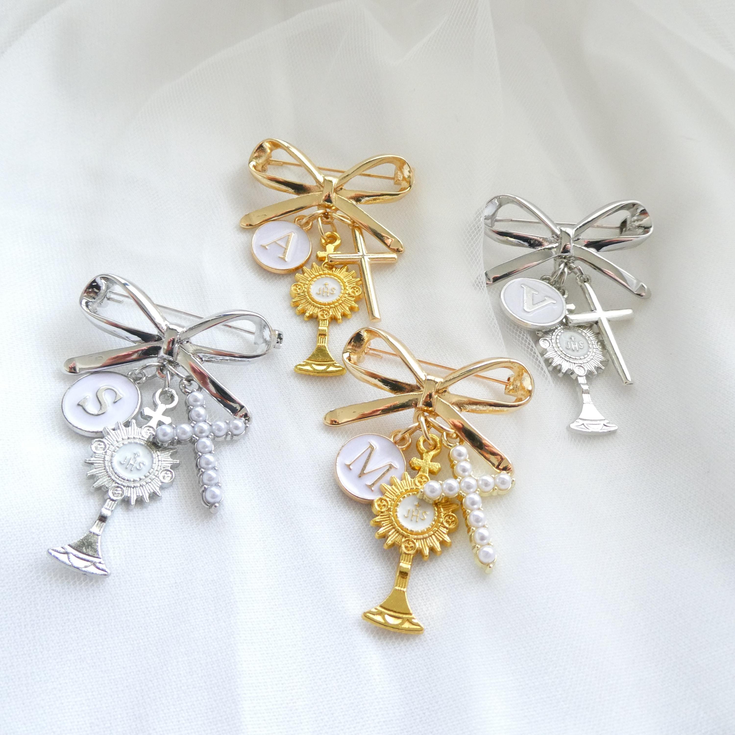 First Communion Brooch Personalized First Communion Brooch – Gold Monstrance Charm, Bow, Cross ...