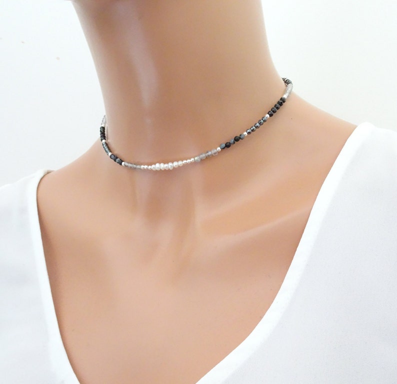 Genuine Beaded Crystal Choker Necklace with Freshwater Pearl, Hematite, Labradorite, Black Tourmaline, Snowflake Obsidian image 4