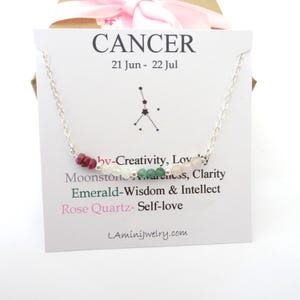 Cancer Zodiac Necklace Natural Crystals Ruby, Moonstone, Emerald, Rose Quartz