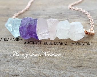 Pisces Zodiac Necklace with Aquamarine, Amethyst, Rose Quartz, and Moonstone - Unique March Birthday Gift, Personalized