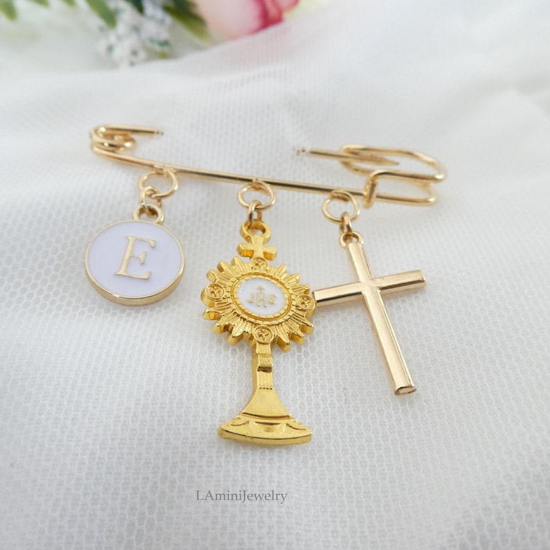 First Communion Brooch Holy First Communion Gold Pin Monstrance Personalized Keepsake Boy or ...