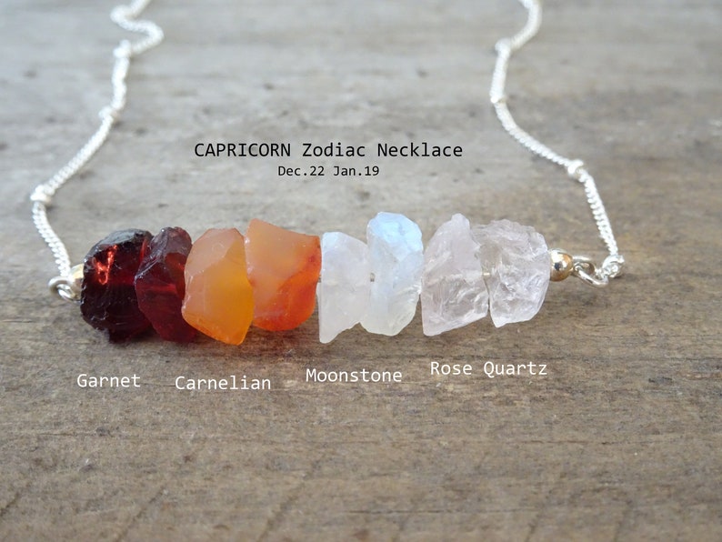 Capricorn Zodiac Necklace, Raw Gemstones, January Birthstone Crystals, Garnet Jewelry, Carnelian, Moonstone, Rose Quartz Birthday Gift 