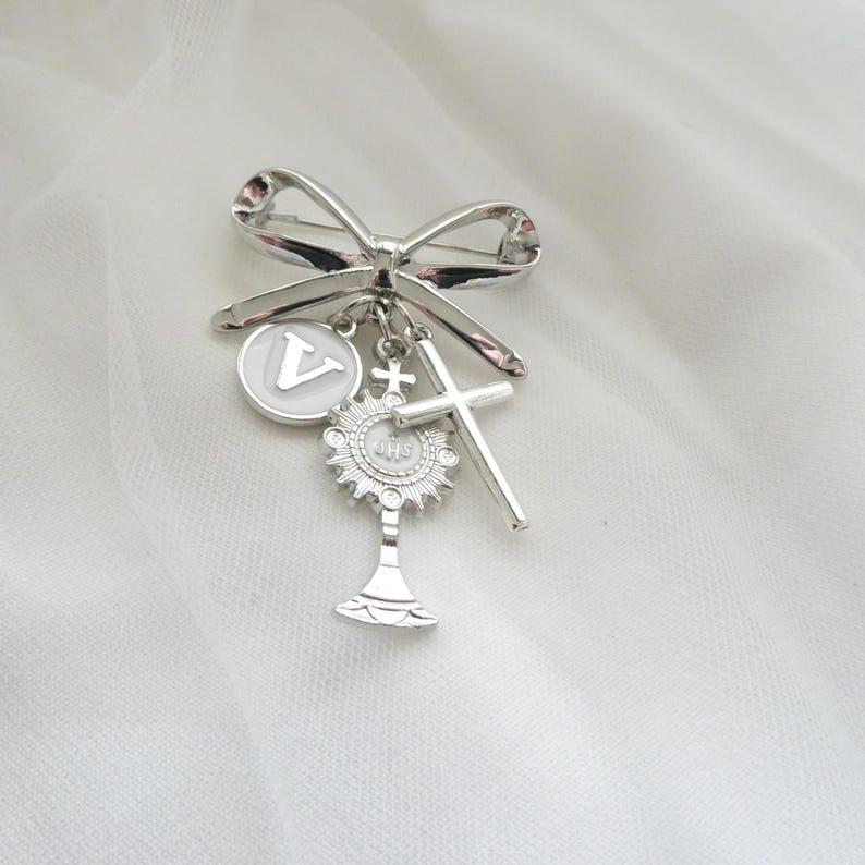 First Communion Brooch Personalized First Communion Brooch – Gold Monstrance Charm, Bow, Cross ...